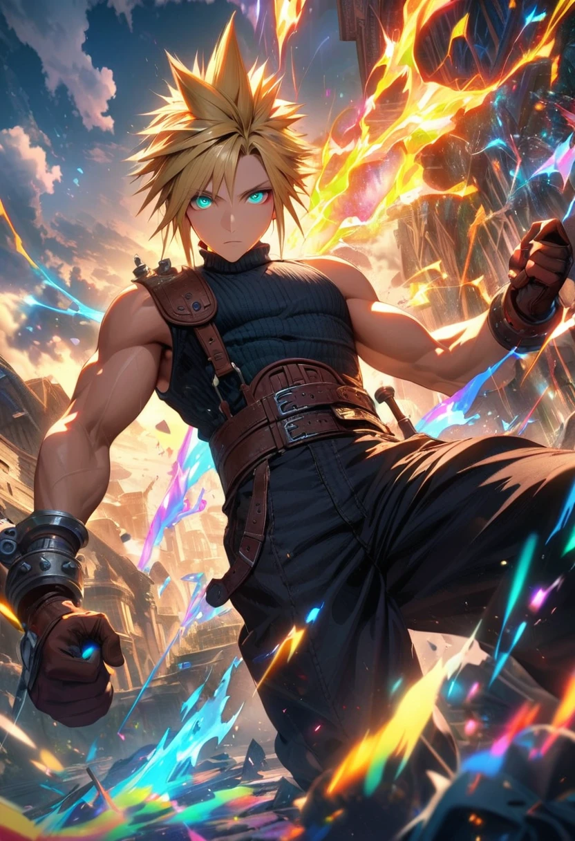 Symetrical,absurdres, highres, ultra detailed, HDR, masterpiece, extremely detailed face and eyes, Cloud Strife,final fantasy 7, yellow hair , , solo, man, handsome, ,, , Epic fight scene, colorful lightning effect, glowing glitters, colorful splashing effect, colorful flames, 