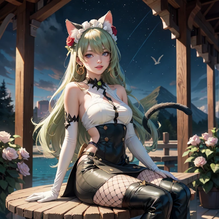 1girl, white maid dress, jewelry, green hair, flowing hair, long hair, white roses, firefly, oriental architecture, maid dress with a short skirt and layers, white laces, white boots, white dress with transparency, gold details on her clothes, cat ears, animal ears, lake, seat ont he water, a garden with lake scenery, white roses, flowers, more details, perfectly body, perfectly hands, two hands, two legs, two arms, five fingers, glowing hair, best quality, cat ears, animal ears, tail ornament, tail bow, white gloves, two cat tail, white gloves, alone, maid headdress, choker, detached sleeves, maid dress, maid white dress, strapless, masterpeice, best quality, detailed face, night, mobius (honkai impact), honkai (series), honkai impact 3rd, asymmetrical gloves, bangs, white short skirt , white gloves, white boots, earrings, elbow gloves, fishnet thighhighs, fishmasterpeice, solo, best quality, detailed face, gloves, green eyes, green hair, hair between eyes, jewelry, long hair, looking at viewer, single earring, sky, sleeveless, solo, thigh boots, thighhighs, tongue, tongue out, uneven gloves, sitting, cat ears, animal ears, cat tail, holding a ice cream