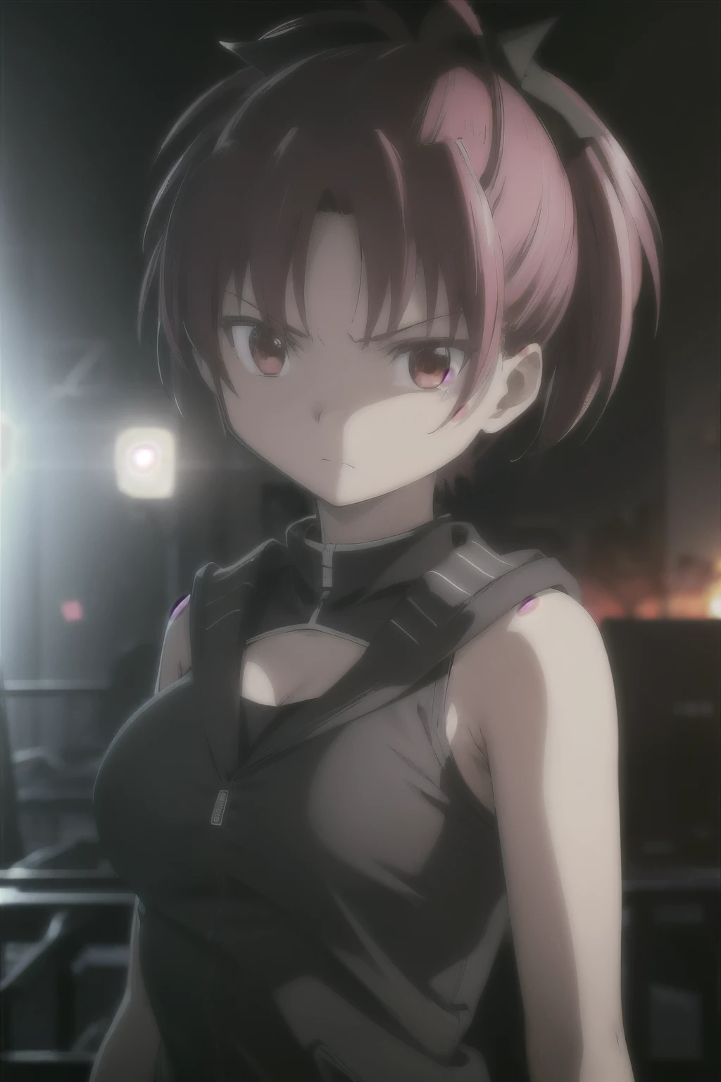 1woman, short red hair, red eyes, serious expression, tomboy, big breasts, athletic, wearing black sci fi coat, tank top, isolated on completely pitch black background, absurdres, high res, ultrasharp, 8K, masterpiece, looking at viewer, HDR, sci-fi, professional, vivid colors, sharp focus, studio lighting, absurdres, bokeh, static