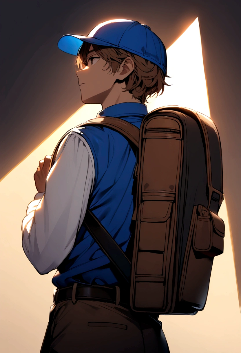 Brown haired boy, blue polo shirt, white sleeves, blue and yellow cap. black backpack, black belt.