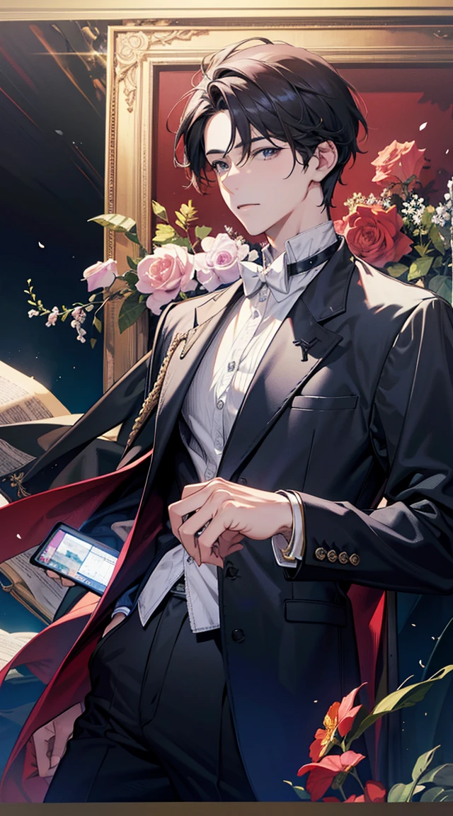 Handsome boy happily looking at photo frame (front angle)