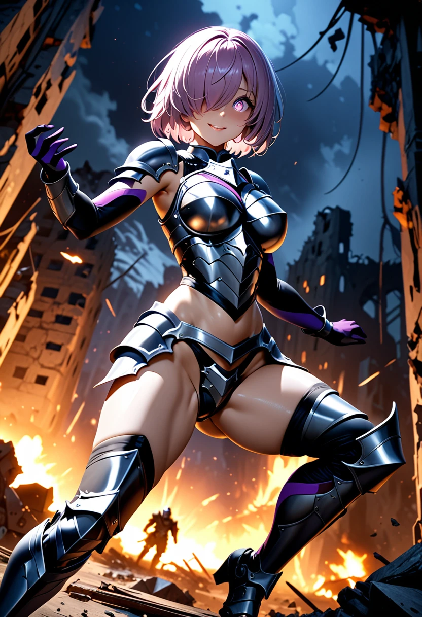 (masterpiece, top quality, best quality, beautiful and aesthetic:1.2), full body, SFW, extremely detailed, detailed face and eyes, cinematic light, depth of field, 1girl, seducing smile, solo, official, (armored knight:1.4), dark armor, mash kyrielight, light purple hair, short hair, hair over one eye, slim body, cinematic lighting, dramatic lighting, dramatic atmosphere, hyper-realistic, high resolution, stunning contrast, high quality, best quality, 8k, 4k, intricately detailed, (amazing details:1.2), highly detailed skin, powerful presence, vibrant colors, (detailed eyes:1.2), striking eyes, (detailed background), (warzone on background, night, ruins), (dynamic angle:1.2), (dynamic pose:1.2)