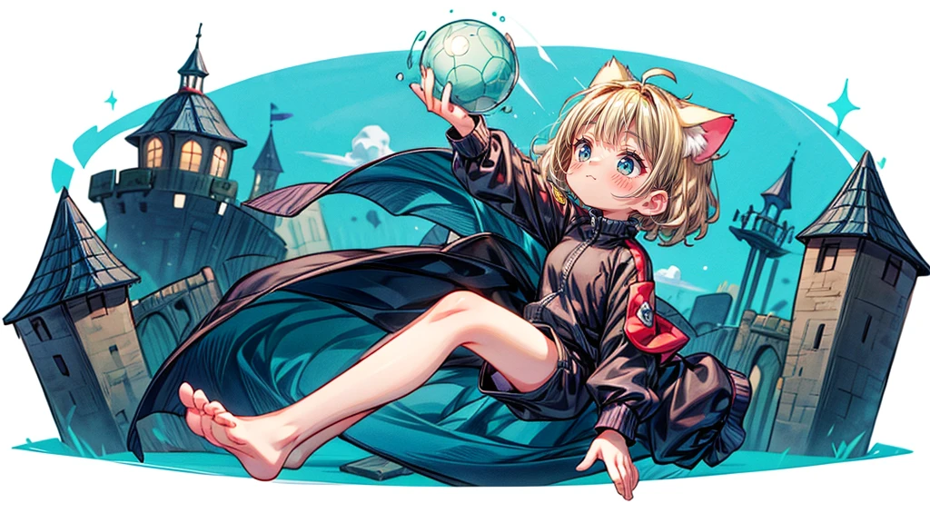 Dynamic pose、look up、short hair、Cat ear、Flying Castle, Full of air,One girl、Big smile、Blonde Hair、short hair、Side hair is curled inward、Curly hair along the jawline、紺色のTracksuits_White line from shoulder to wrist、Black shorts、barefoot、Tracksuits、Turquoise Eyes