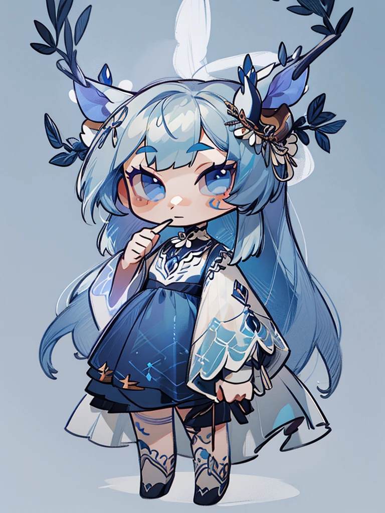 chibi, front facing, full body, solo, masterpiece, best quality, extremely detailed, detailed background, detailed face, 1girl, pale skin, long blue hair, deer ears, white deer horns, white elegant dress, blue flower, good finger, perfect face, intricate details, mystical forest theme