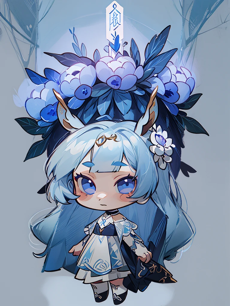 chibi, front facing, full body, solo, masterpiece, best quality, extremely detailed, detailed background, detailed face, 1girl, pale skin, long blue hair, deer ears, white deer horns, white elegant dress, blue flower, good finger, perfect face, intricate details, mystical forest theme