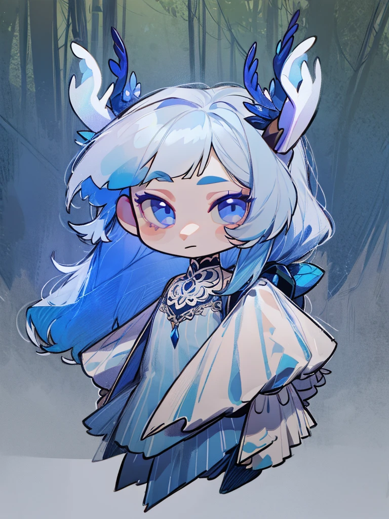 chibi, front facing, full body, solo, masterpiece, best quality, extremely detailed, detailed background, detailed face, 1girl, pale skin, long blue hair, deer ears, white deer horns, white elegant dress, blue flower, good finger, perfect face, intricate details, mystical forest theme