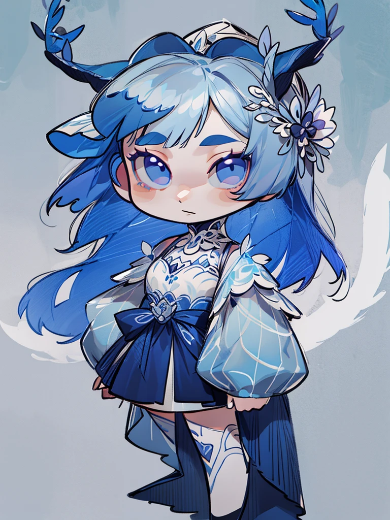 chibi, front facing, full body, solo, masterpiece, best quality, extremely detailed, detailed background, detailed face, 1girl, pale skin, long blue hair, deer ears, white deer horns, white elegant dress, blue flower, good finger, perfect face, intricate details, mystical forest theme