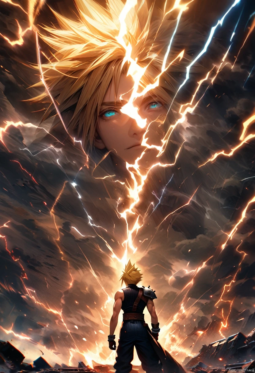 Symetrical,absurdres, highres, ultra detailed, HDR, masterpiece, extremely detailed face and eyes, Cloud Strife,final fantasy 7, yellow hair , , solo, man, handsome, ,, , Epic fight scene, lightning effect, glowing glitters