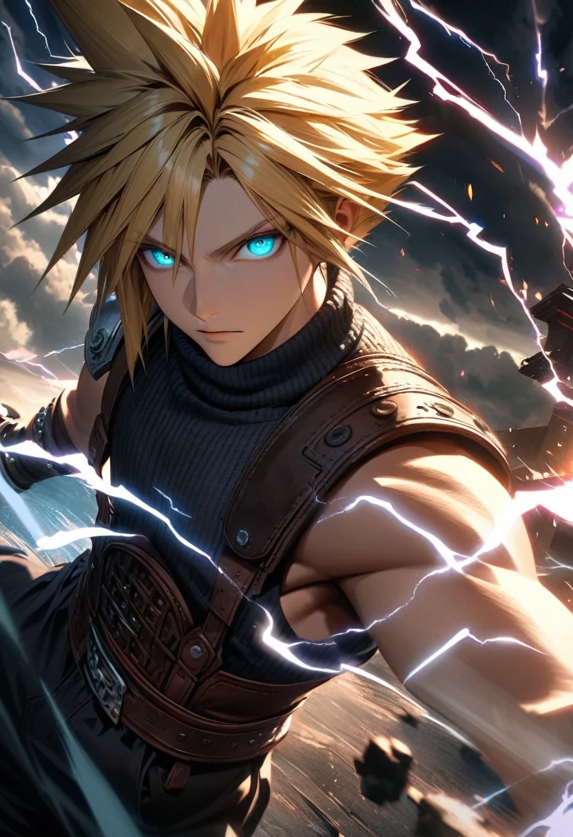 Symetrical,absurdres, highres, ultra detailed, HDR, masterpiece, extremely detailed face and eyes, Cloud Strife,final fantasy 7, yellow hair , , solo, man, handsome, ,, , Epic fight scene, lightning effect, glowing glitters