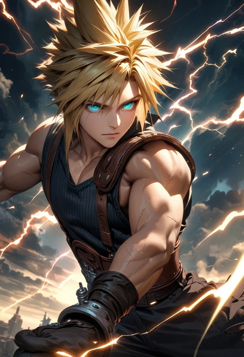 Symetrical,absurdres, highres, ultra detailed, HDR, masterpiece, extremely detailed face and eyes, Cloud Strife,final fantasy 7, yellow hair , , solo, man, handsome, ,, , Epic fight scene, lightning effect, glowing glitters
