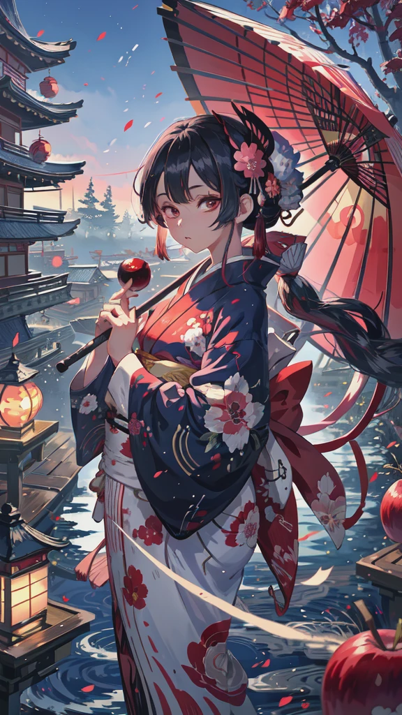 anime girl In kimono outfit holding an umbrella and a red apple, Half Yamada, In kimono, In kimono, inspired by Okumura Masanobu, Japanese art style, Inspired by Sukenori Nishikawa, Anime Style 4k, Detailed anime artwork, From the Sengoku period, Detailed anime art, By Ren, Wearing Imperial Kimono