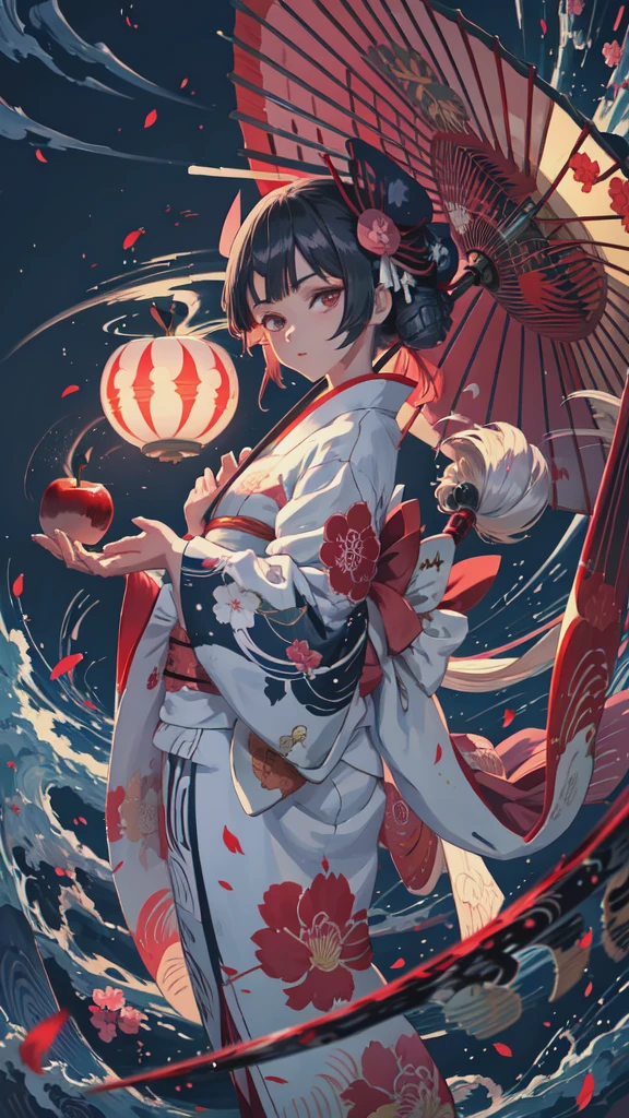 anime girl In kimono outfit holding an umbrella and a red apple, Half Yamada, In kimono, In kimono, inspired by Okumura Masanobu, Japanese art style, Inspired by Sukenori Nishikawa, Anime Style 4k, Detailed anime artwork, From the Sengoku period, Detailed anime art, By Ren, Wearing Imperial Kimono