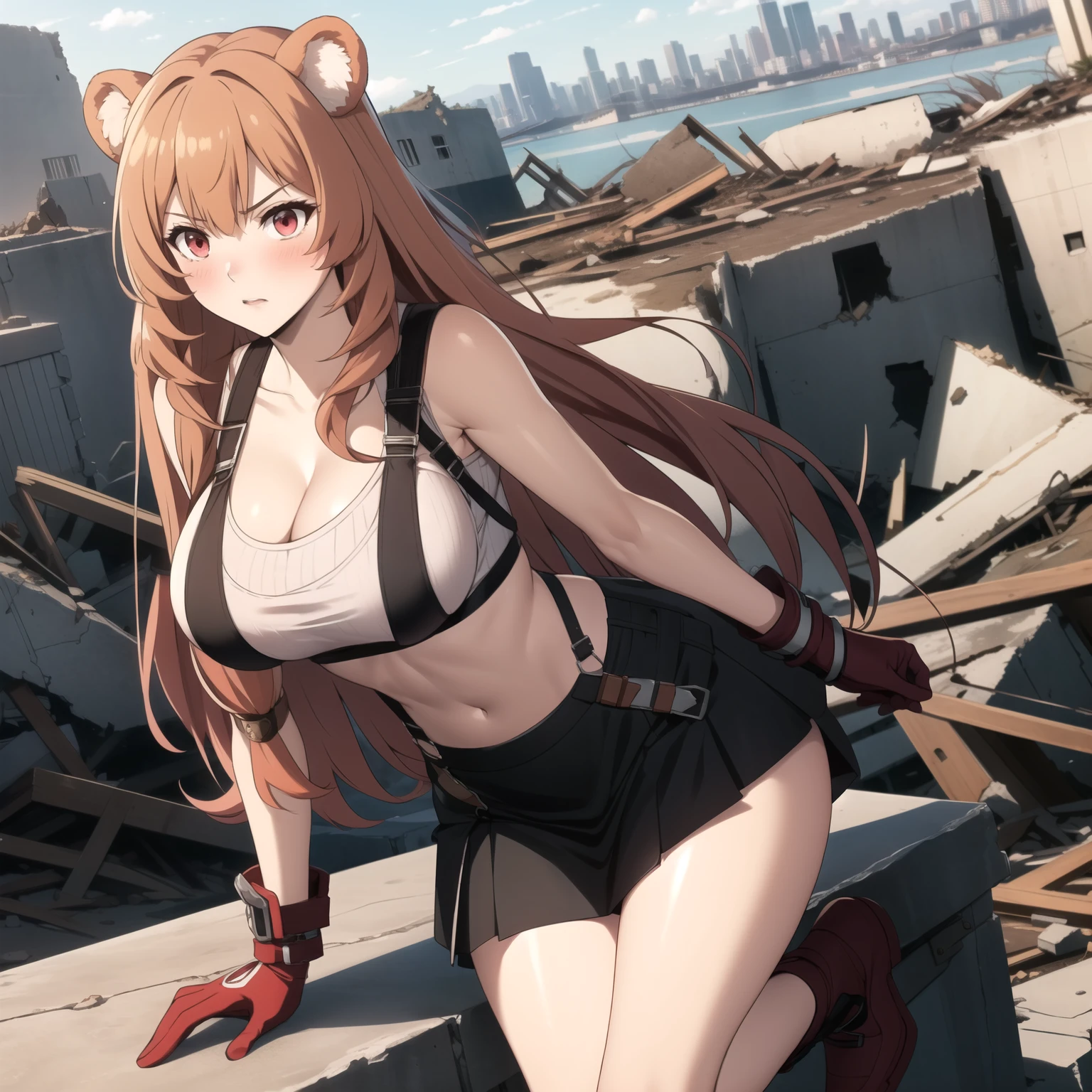 Raphtalia woman 20 years old straight orange hair , rounded bear ears, red eyes like ruby., serious expression, blush,  pale skin, big breasts,  Costume of ,Tifa Lockhart.  low-cut white dungarees, black skirt ,  bare abdomen, red gloves, background a city in ruins,