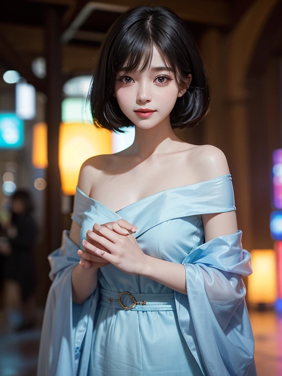 （Fluorescent Color：1.4），（translucent：1.4），（Retro filter：1.4），（strange：1.4），（Photo of a woman，1 girl：1.2），Off-shoulder，light, Smile,Short hair details，Black shawl straight hair，Side Bangs，High-resolution details、Very detailed、light、Surrealism、Soft Light、Deep field focus bokeh，It's a perfect face，Pretty Face，beautiful eyes，（（Perfect female body）），Candy Land Disneyland，Vague、Softness、Fluffy、softscape，Pale pink sky，Green and blue luster，Elegant light powder，Wonderful rainbow glow、Star，diamond sparkles，Gemstone background，(Hyperrealism)、(Super quality)、light，Rich in details，Full HD，Plenty of lighting，