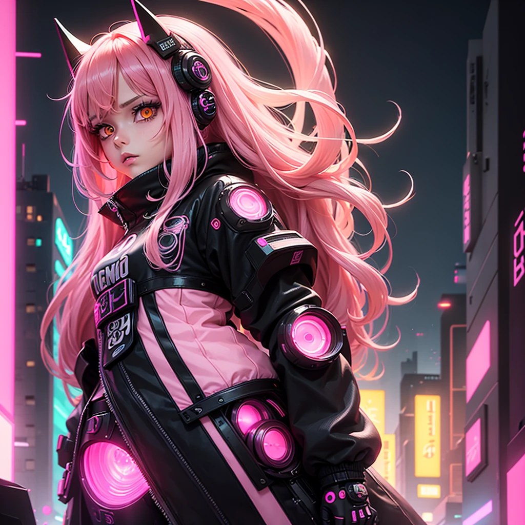 Lonely Android Girl with long pink hair in a pink suit with small yellow elements woman half cyborg modification Beautiful sexy with bright yellow eyes stands in full height with a half turn sideways Anime Style black background Cyberpunk style, Robot Girl, black background image of night black city and pink neon lights