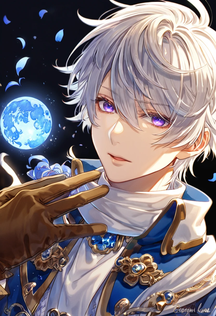 Ultra detailed, highres, absurdres, HDR, master piece, Gauche Suede, messy white hair, short hair, expressive purple eyes, Tegami Bachi, blue petals, white scarf, sexy man, solo, best quality, blue flowers, blue shining fireflies, handsome, fantasy, magical, brown gloves, blue moon, blue cropped jacket with white patters, blue tie, white shirt