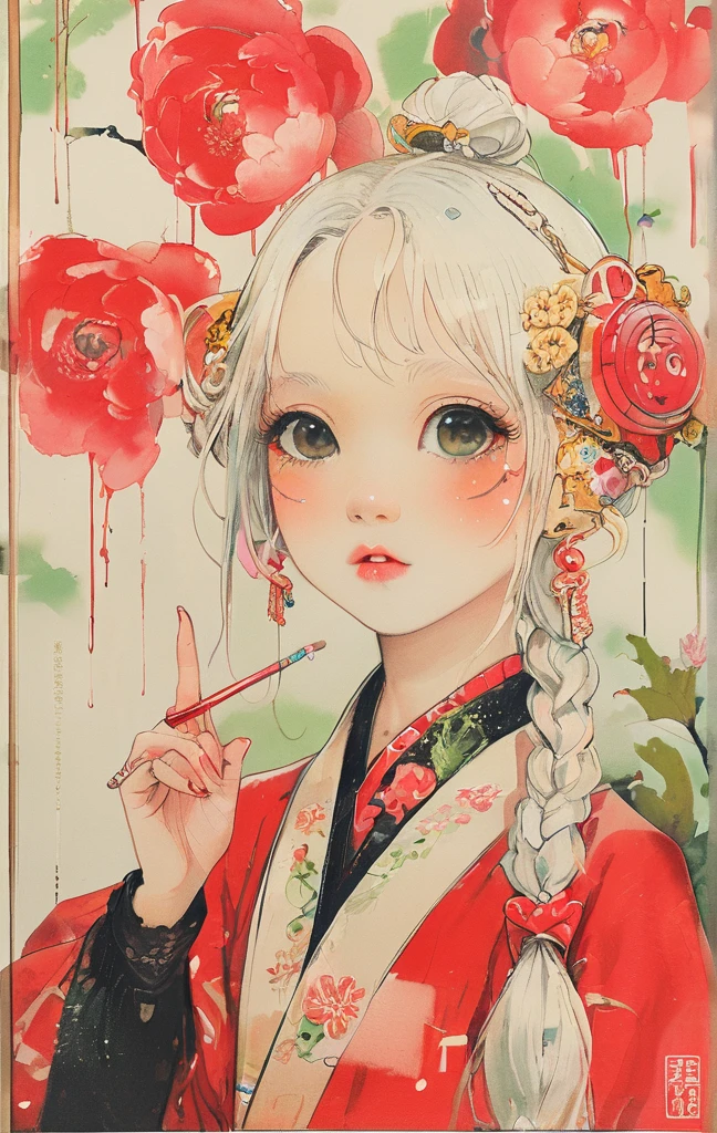 On a bright red campus"YES"Character、(masterpiece, best quality:1.2), 1 girl, Solitary,anime style,White hair, Girl with pink lips and light floral earrings puts finger on mouth,With the style of a top portrait painter, Yellow-green background.