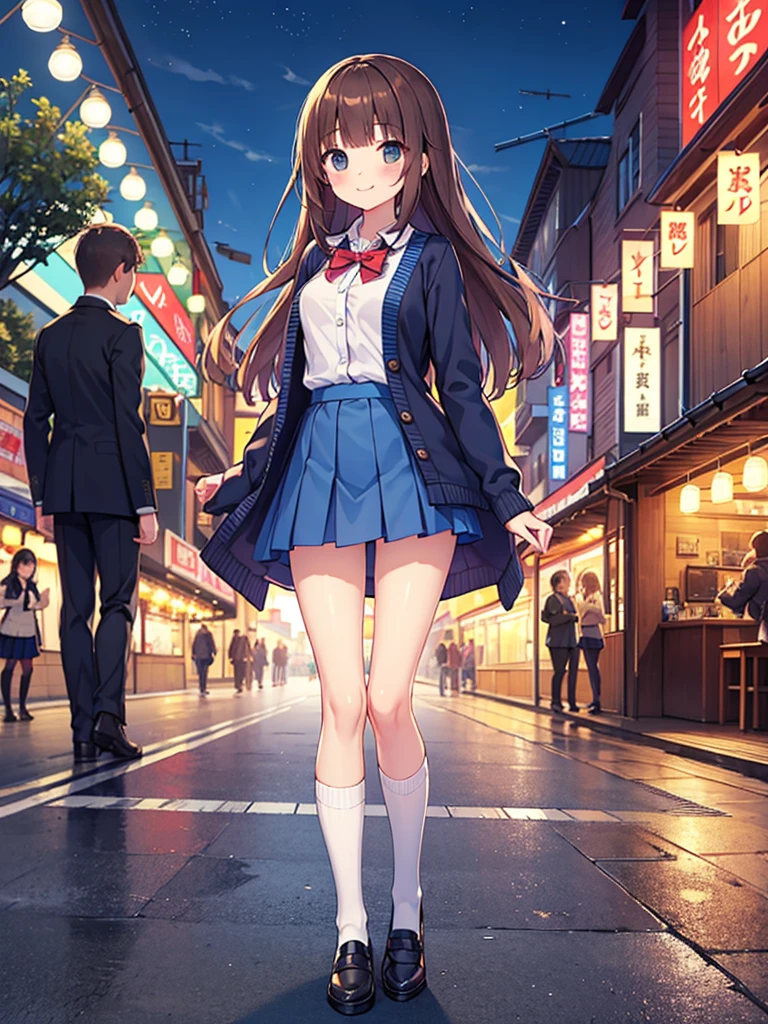 {Highest quality], [Super beautiful], [Ultra fine], [Best illustration], NSFW,Brown Hair, Hime cut, Long Hair, With bangs, girl,,uniform,knit cardigan,Short sleeve,skirt,smile, blush, Slender women,Standing posture,(Public),Night Park,Summer festival,diagonal, Navy blue knee socks,Black loafa