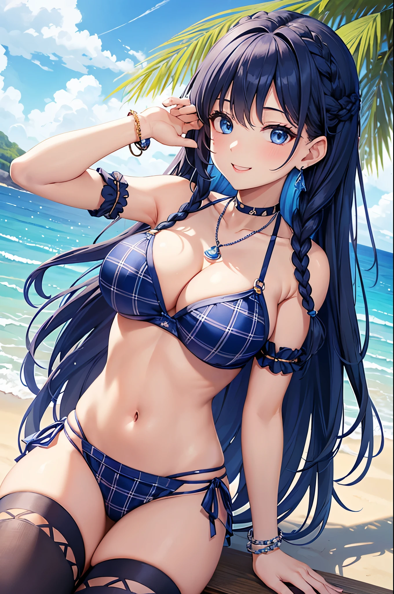 Highest quality、Highest quality、masterpiece、(8K),beauty(Age 25)、Navy blue long hair(Braiding of sides)、blue eyes、Sexy Bikini(Plaid)、Big cleavage、(Big Breasts)、smile、blue necklace、Blue Earrings、background(Beach)、Please open your mouth wide、bracelet、Chest puffing pose、Blue choker