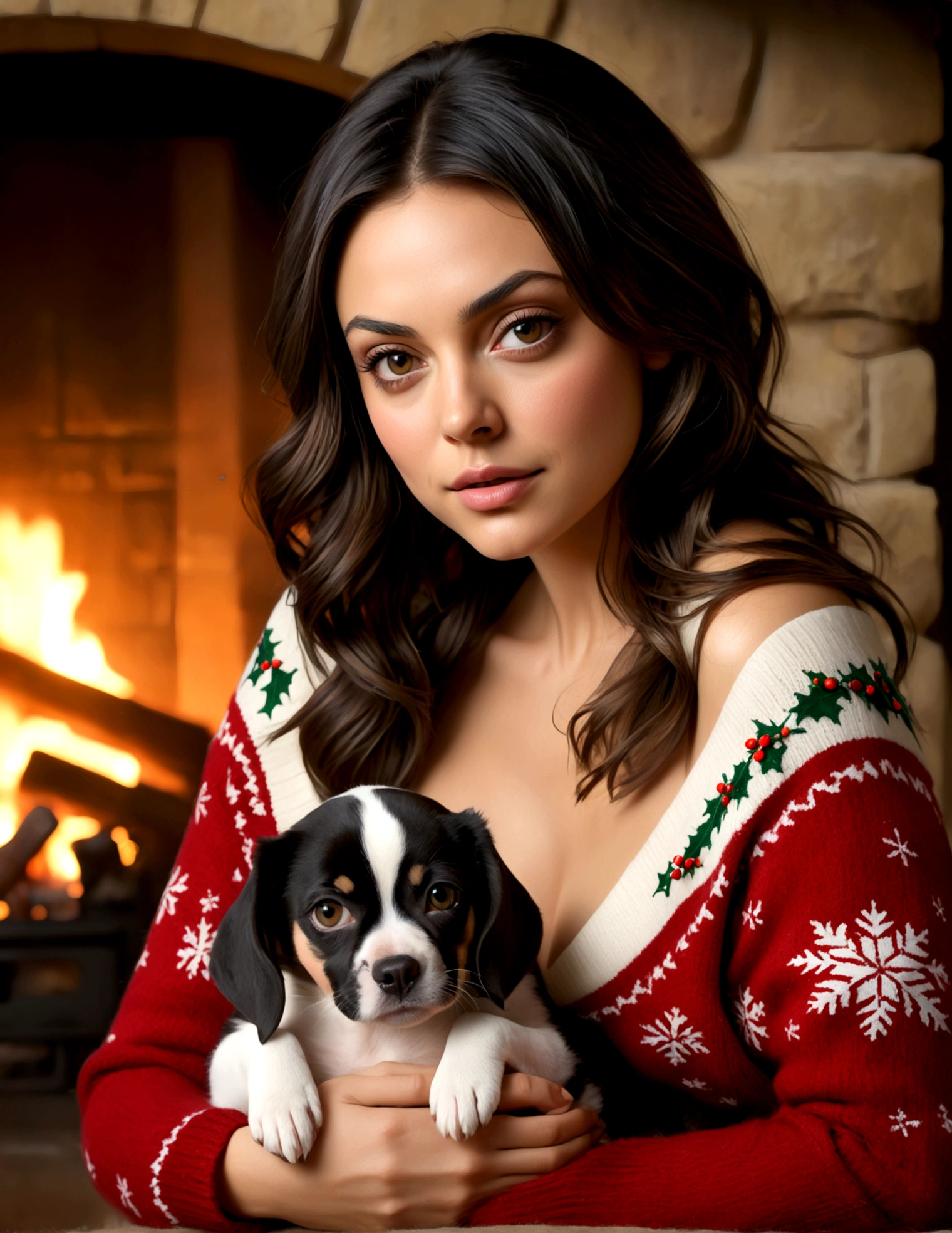 Mila Kunis a beautiful young woman (Mila Kunis, age 25), wearing an oversized frumpy Christmas sweater (shoulders exposed, deeply plunging neckline) , nude except for sweater, her intimate areas partially exposed and very detailed, sitting cross-legged by an old-fashioned fireplace with a roaring fire, playing with and petting a cute puppy, Christmas scene (best quality, 4k, 8k, highres, masterpiece:1.2), ultra-detailed, (realistic, photorealistic, photo-realistic:1.37), HDR, UHD, studio lighting, ultra-fine painting, sharp focus, physically-based rendering, extreme detail description, professional, vivid colors, bokeh, portrait, figurative, intimate, sensual, cozy, Christmas, warm lighting, chiaroscuro (show her entire body, show all of her)
