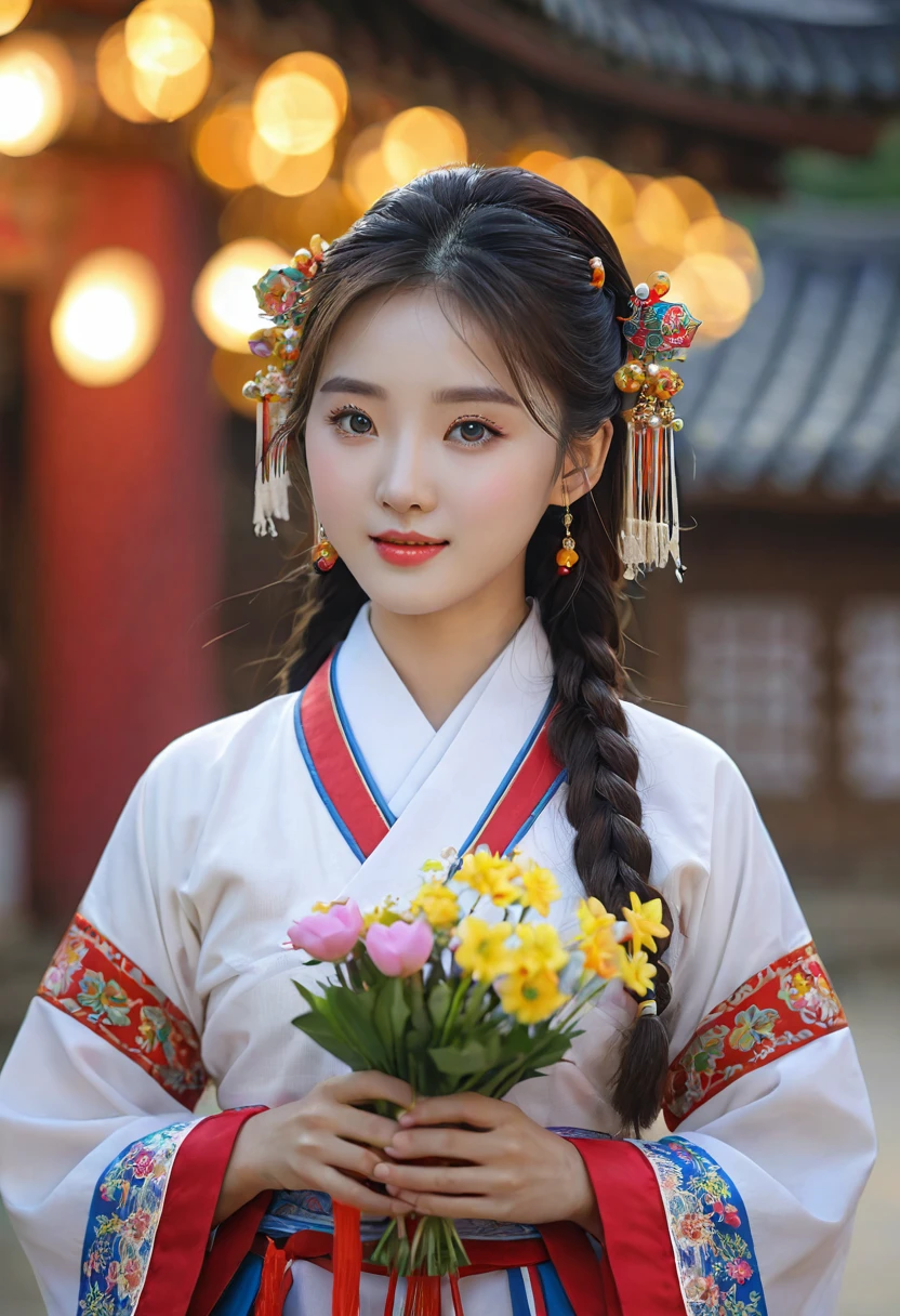 High qualityสุด, Masterpiece, 1 woman, Beautiful face, (ภาพถ่ายเสมือนTRUE:1.3), Light around the wheel rim, (Highly detailed skin:1.2), 8K UHD, dslr, High quality, high definition, 4K, 8K, Bokeh, (TRUE: 1.3), small face, A cute girl, Korean national costume, middle breast,holding flowers