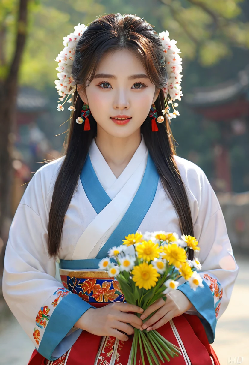 High qualityสุด, Masterpiece, 1 woman, Beautiful face, (ภาพถ่ายเสมือนTRUE:1.3), Light around the wheel rim, (Highly detailed skin:1.2), 8K UHD, dslr, High quality, high definition, 4K, 8K, Bokeh, (TRUE: 1.3), small face, A cute girl, Korean national costume, middle breast,holding flowers