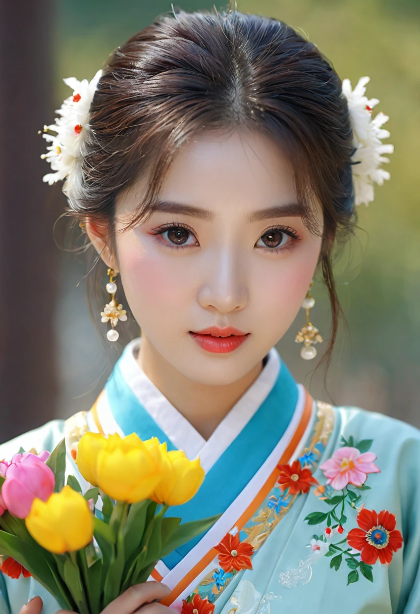 High qualityสุด, Masterpiece, 1 woman, Beautiful face, (ภาพถ่ายเสมือนTRUE:1.3), Light around the wheel rim, (Highly detailed skin:1.2), 8K UHD, dslr, High quality, high definition, 4K, 8K, Bokeh, (TRUE: 1.3), small face, A cute girl, Korean national costume, middle breast,holding flowers