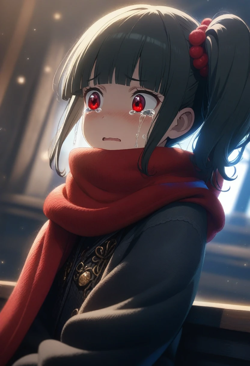 1girl givuchoko, official art, sitting, crying, tears streaming, black coat, red scarf, black hair, side_ponytail, red eyes, (very aesthetic, best quality, ultra detailed), intricate details, highres, indoors, light particles, close-up, blurry background,, low angle, cinematic angle, cowboy shot, emotional, delicate features