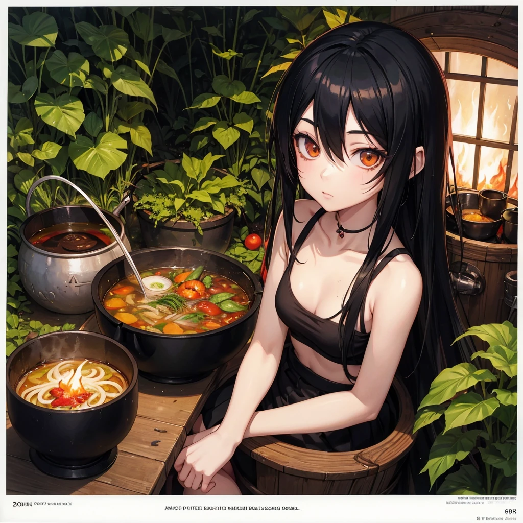 girl similar to gorillaz noodle, long black straight hair ((drawing)), ((anime girl nose)), jungle, inside a cauldron full of broth with vegetables, fire heating, a tribe of several African pygmies, looking.