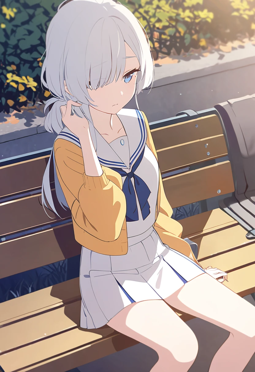 art by Cornflower, dreamy, (masterpiece, best quality, perfect anatomy, beautiful face, realistic, ultra detailed,1girl,18ears old,solo,depth of field,Canon 24mm Lens,f1.4,cute_girl,sailor_ collar, clear facial features, short sleeves, large breasts, thin stature, height 170, barefoot, double ponytail, bangs, gravure pose, outdoor, jungle, blurred background, (uwabaki: 1.1576))