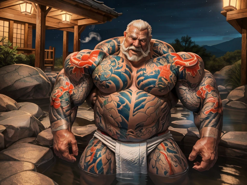 (best quality,4k,8k,highres,masterpiece:1.2),ultra-detailed,(realistic,photorealistic,photo-realistic:1.37),dramatic lighting,chiaroscuro,atmospheric,moody,cinematic. huge muscular old man soaking in an open onsen, white and short hair, white beard, old, old man, grandpa, half submerged, huge scar on chest, , (huge muscular), (yakuza tattoo:1.2), detailed muscles, 8k, masterpiece:1.2, hyperrealistic, white fundoshi:1.2, highly detailed full body, ((really big muscle, massive muscular, sixpack, thick arms, wide pectoral, super huge muscle, small head, huge shoulder, hyper muscular, submerged, floating steam, over sized muscle, huge arms, big arms, huge pectoral)), rich colors, serene atmosphere, hot spring, landscape, soft ambient lighting, wrinkled skin, happy expression, reflective water, peaceful relaxation