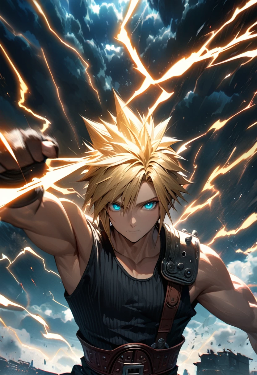 Symetrical,absurdres, highres, ultra detailed, HDR, masterpiece, extremely detailed face and eyes, Cloud Strife,final fantasy 7, yellow hair , , solo, man, handsome, ,, , Epic fight scene, lightning effect, glowing glitters, Epic black jacket