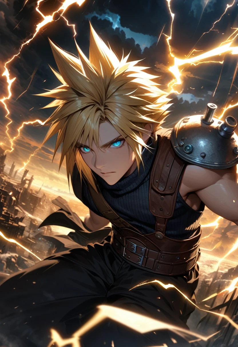 Symetrical,absurdres, highres, ultra detailed, HDR, masterpiece, extremely detailed face and eyes, Cloud Strife,final fantasy 7, yellow hair , , solo, man, handsome, ,, , Epic fight scene, lightning effect, glowing glitters, Epic black jacket