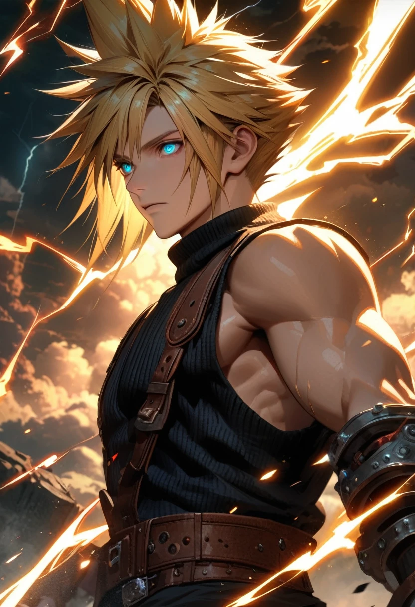 Symetrical,absurdres, highres, ultra detailed, HDR, masterpiece, extremely detailed face and eyes, Cloud Strife,final fantasy 7, yellow hair , , solo, man, handsome, ,, , Epic fight scene, lightning effect, glowing glitters, Epic black jacket