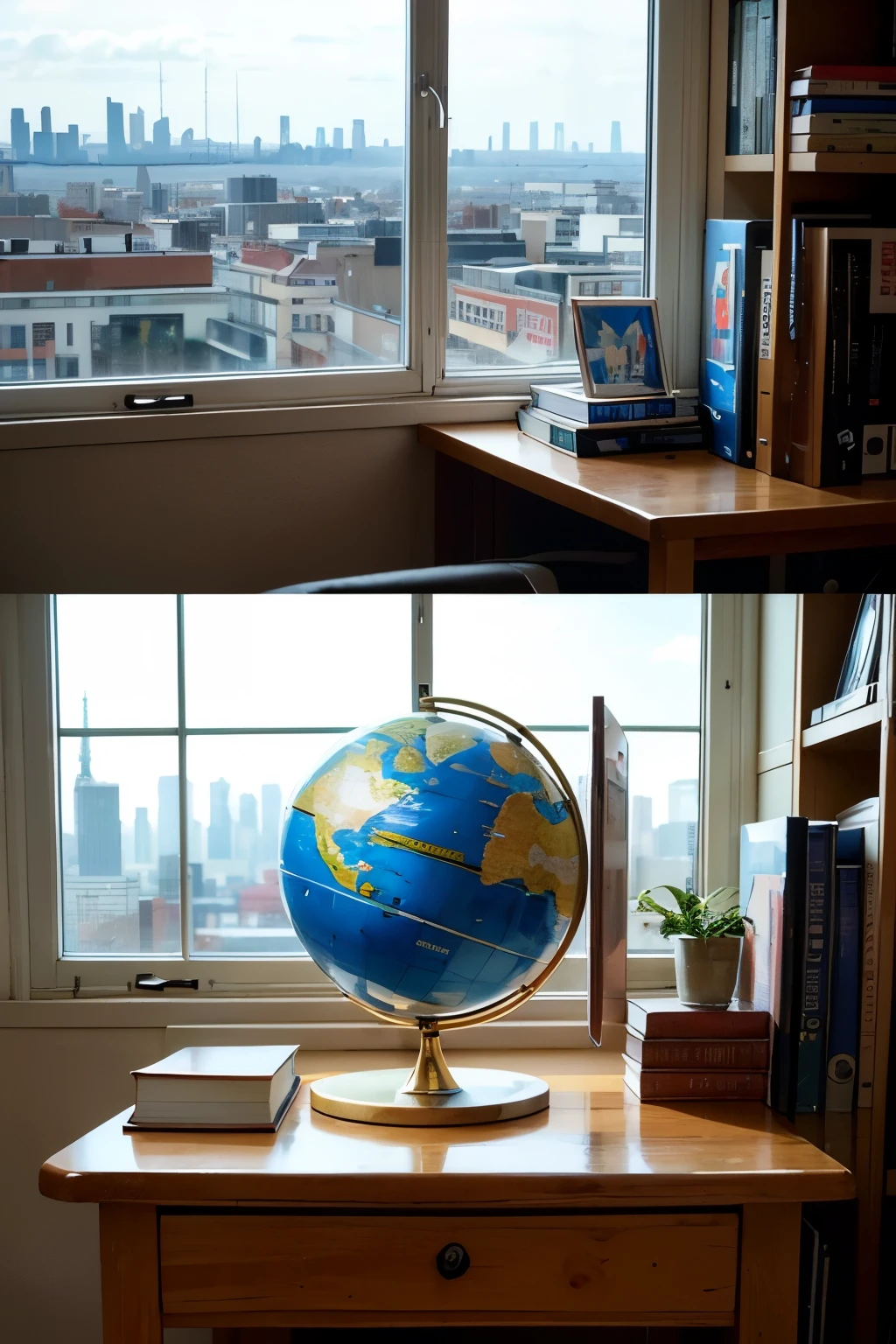 ((Best Quality)), ((Masterpiece)), (detailed), painting of a desk in close-up, with a large window behind it showing an international city. on the desk, includes a globe, books, and a UN flag. in the window, paint a view that combines elements from different cities around the world, showing your global connection.