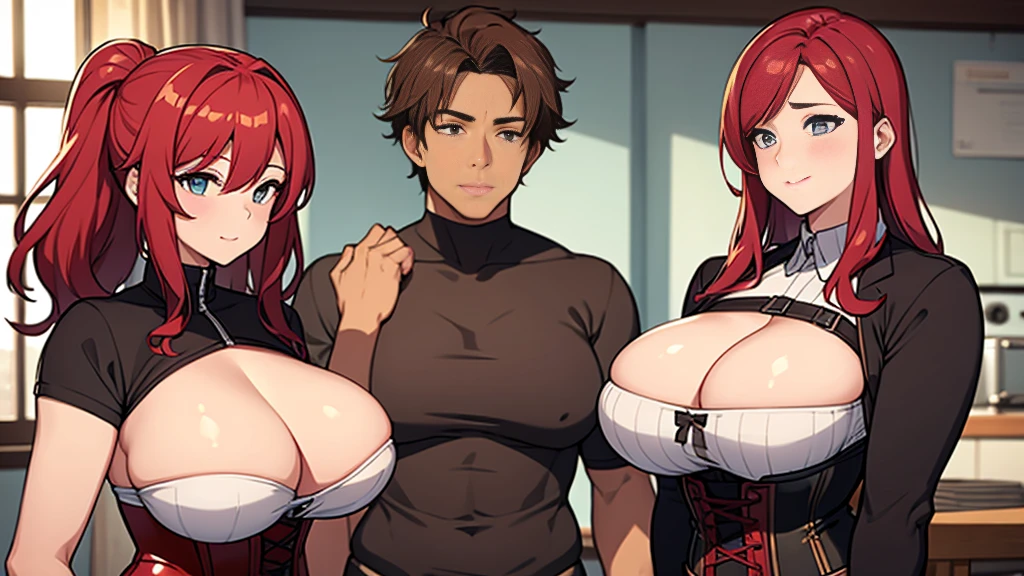 girl, With big breasts, athletic curvy body, corset with large red neckline, Red hair.