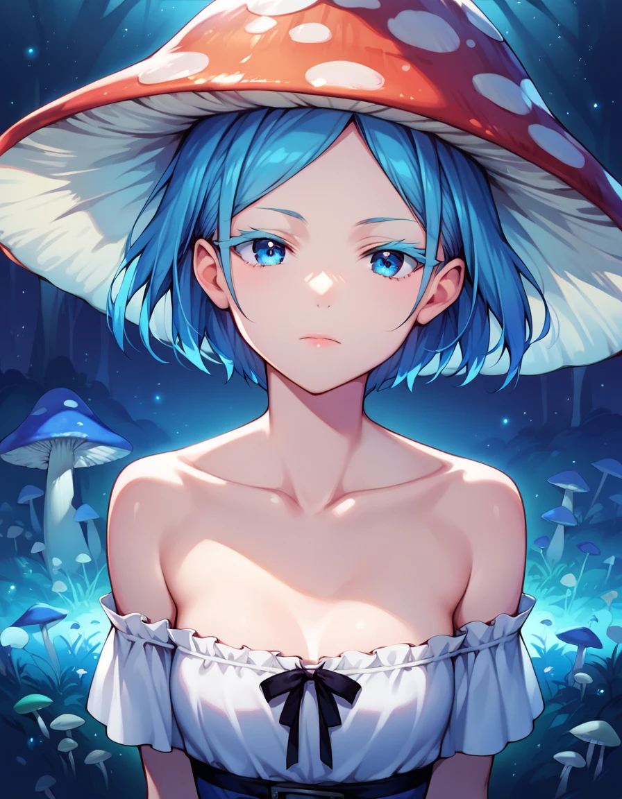 score_9, score_8_up, score_7_up, score_6_up, source anime,
mushroom girl, 1girl, bare shoulders, blue theme, jirai kei, colored eyelashes,
blue eyes, looking at viewer, closed mouth,
collarbone, facing viewer, light particles, mushroom, mushroom hat, personification, solo,
from above ,
close-up,
