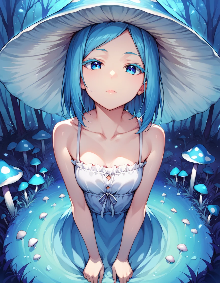 a woman with blue hair in a bedroom, embarrassed expression, focus on face, bangs, hair halo, moonlight shining through a fantastical forest, massive ancient trees, glowing mushrooms on the ground, crystal pool in the distance with fairies dancing around it