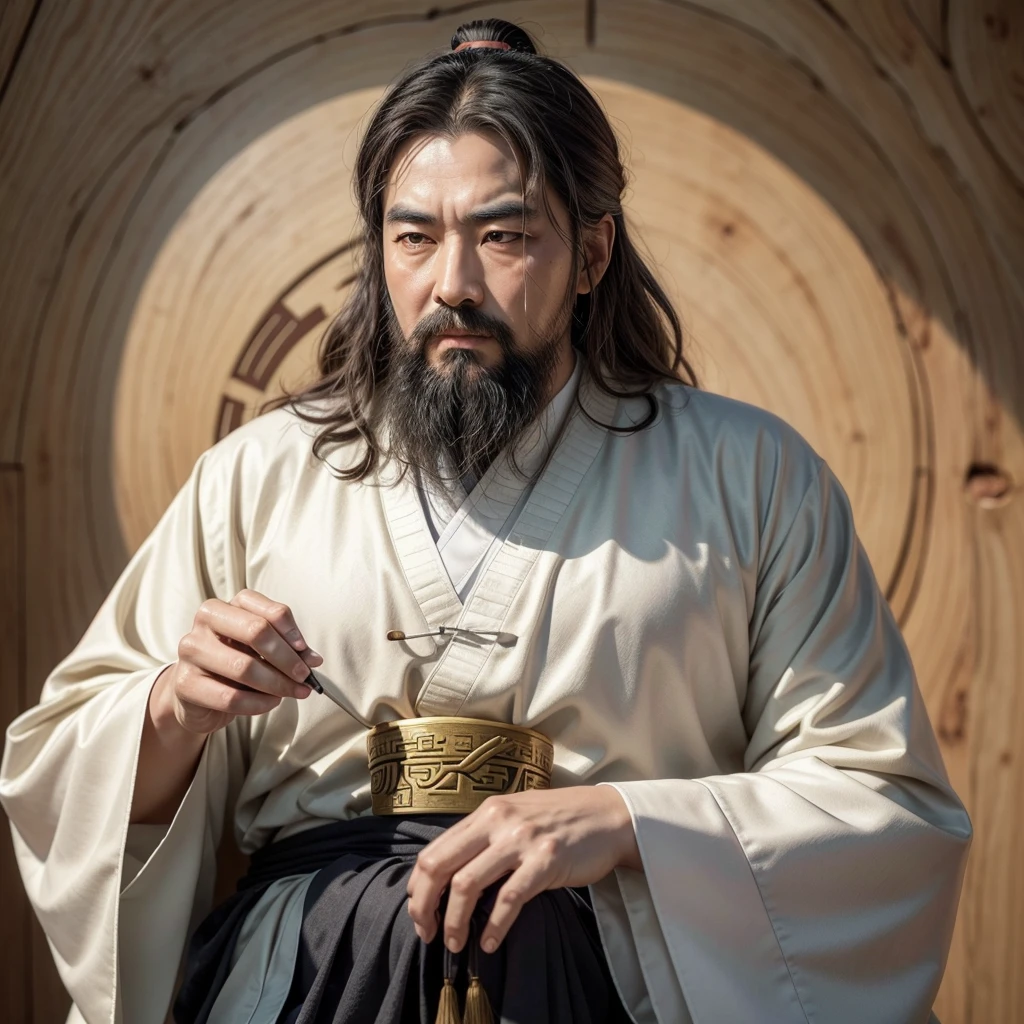 "Design a logo featuring Confucius, the renowned Chinese philosopher. The logo should depict Confucius with an aura of wisdom and calm presence meditando in nature. He should have a serene and thoughtful expression, wearing traditional Chinese robes. Incorporate elements that symbolize philosophy and wisdom, such as ancient scrolls, bamboo, or a Chinese landscape background. The overall design should exude a sense of education, wisdom, and tranquility, suitable for a motivational and stoic-themed YouTube channel."