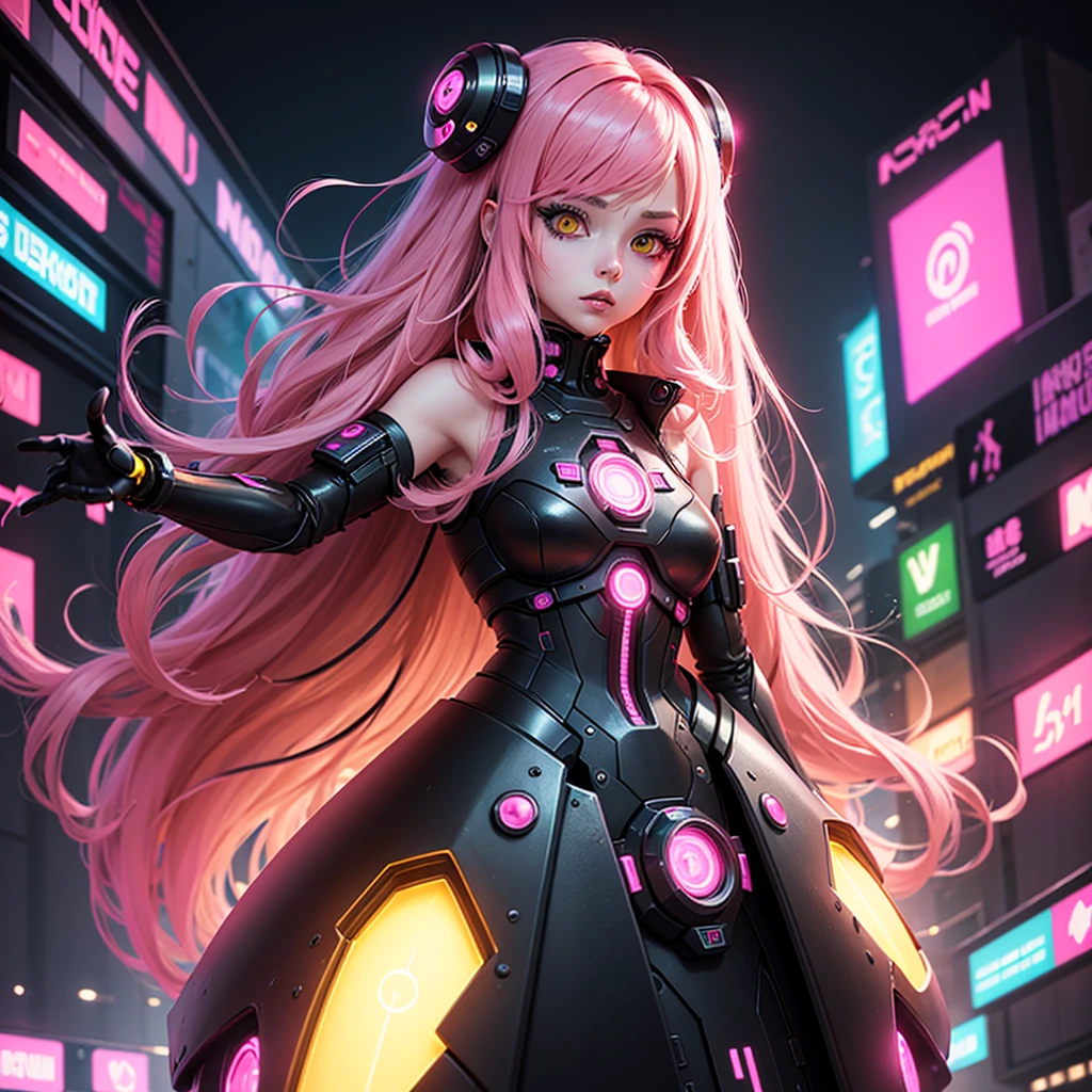 Lonely Android Girl with long pink hair in a pink suit with small yellow elements woman half cyborg modification Beautiful sexy with bright yellow eyes stands in full height with a half turn sideways Anime Style black background Cyberpunk style, Robot Girl, black background image of night black city and pink neon lights