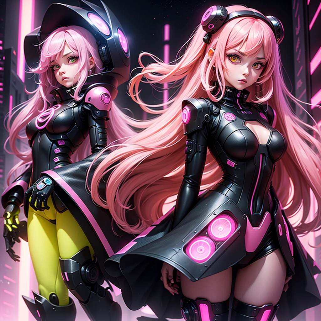 Lonely Android Girl with long pink hair in a pink suit with small yellow elements woman half cyborg modification Beautiful sexy with bright yellow eyes stands in full height with a half turn sideways Anime Style black background Cyberpunk style, Robot Girl, black background image of night black city and pink neon lights