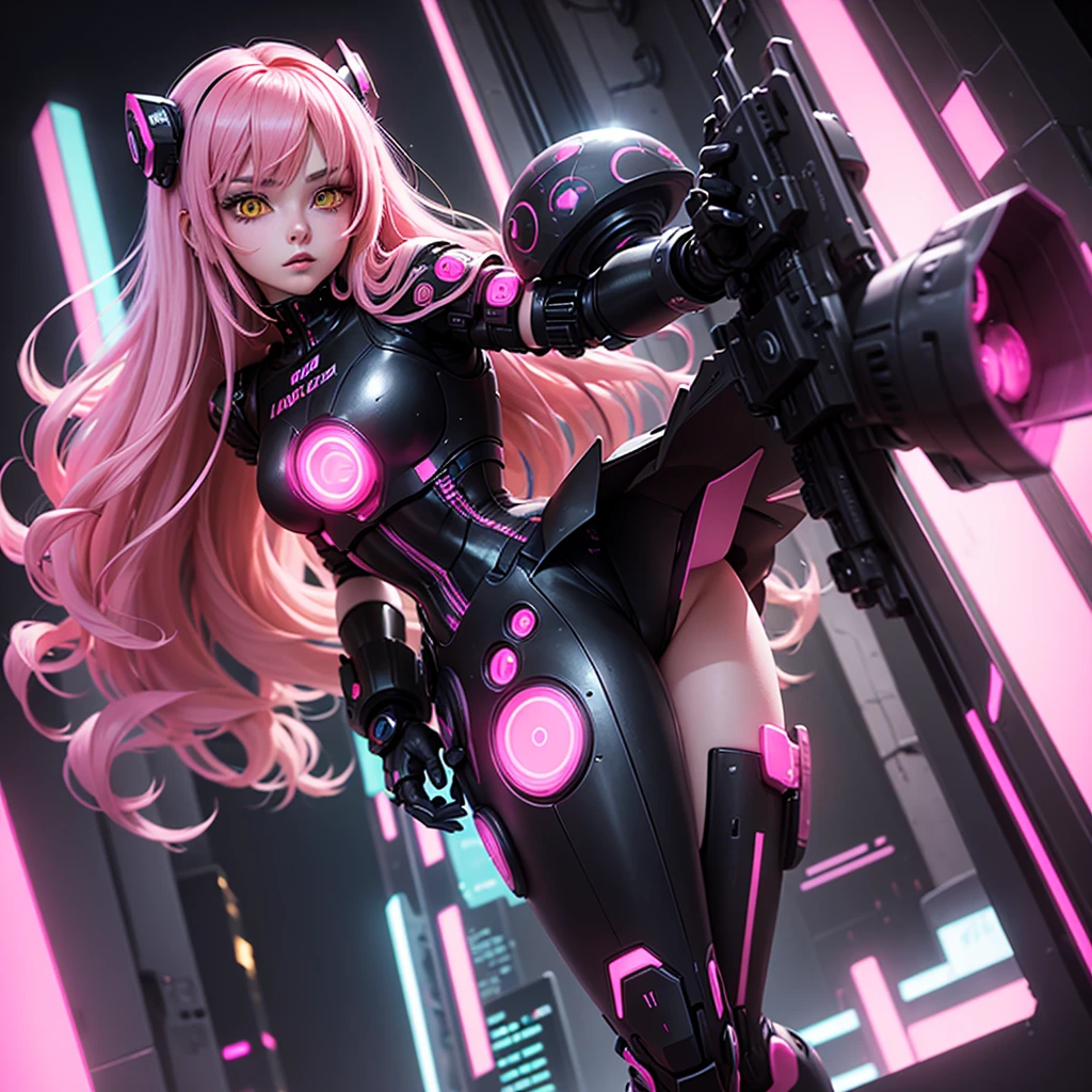 Lonely Android Girl with long pink hair in a pink suit with small yellow elements woman half cyborg modification Beautiful sexy with bright yellow eyes stands in full height with a half turn sideways Anime Style black background Cyberpunk style, Robot Girl, black background image of night black city and pink neon lights