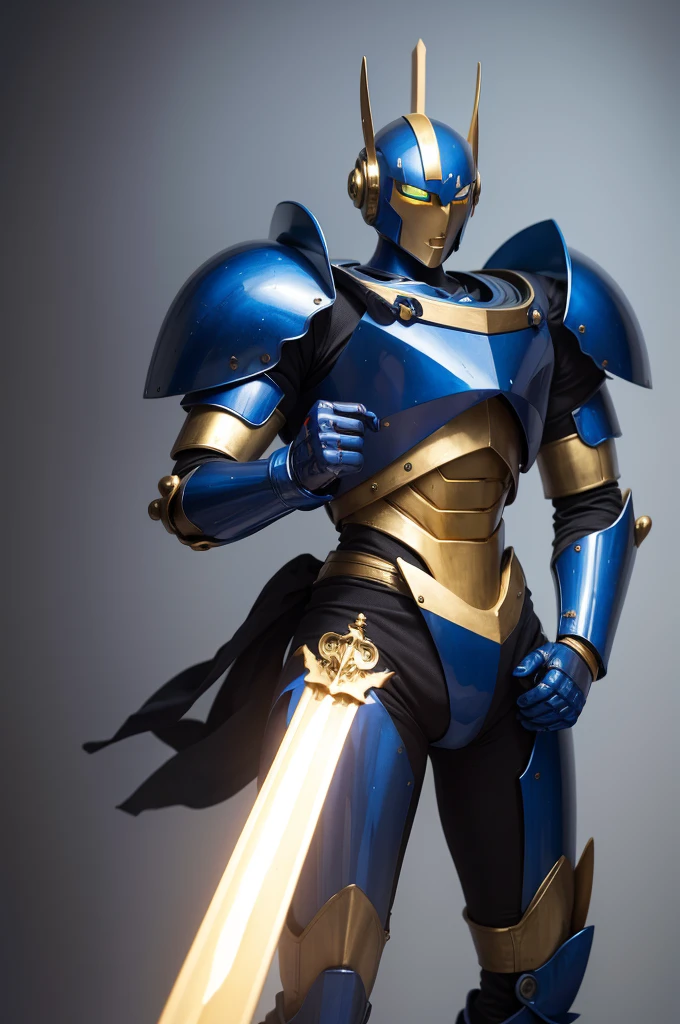 Blue robot with gold stripes carrying a longsword