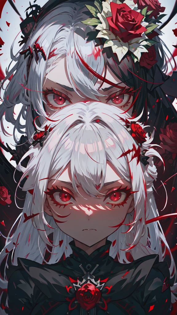 a close up of a woman with white hair and red roses in her hair, gothic maiden anime girl, with glowing red eyes, luminous red eyes, with red glowing eyes, guweiz, stunning anime face portrait, artwork in the style of guweiz, 1 7 - year - old anime goth girl, with red eyes, demon anime girl, blood red eyes