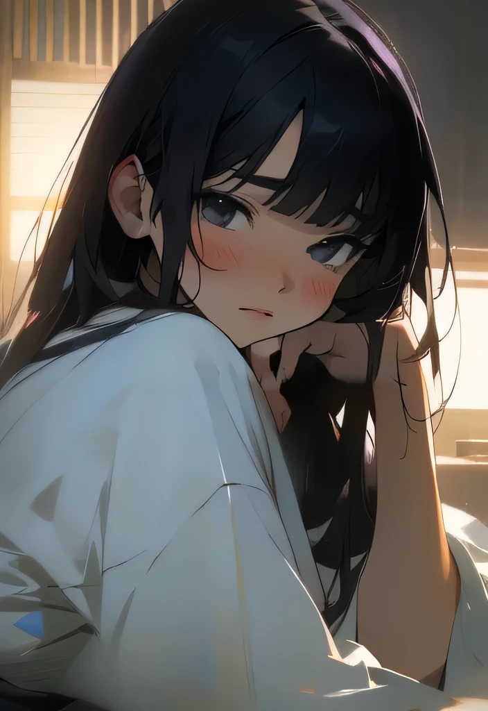 ((masterpiece)), (best quality), (absurdres), (photorealistic:1.4), black hair, yamamura_sadako, dress, (fair skin), bangs, purple eyes, beautiful, warm lighting