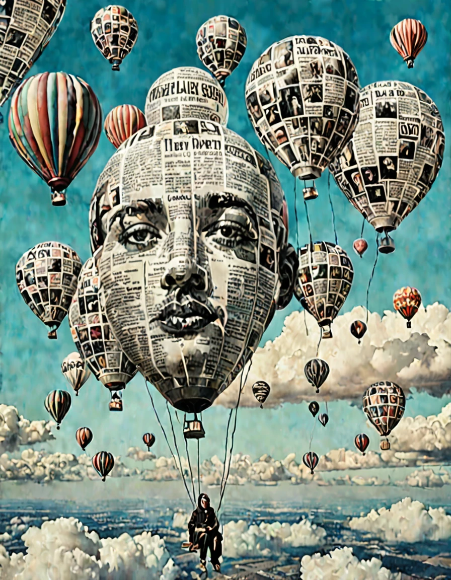 dreamy sky, Floating balloons made from newspaper clippings, The surreal landscape below, Retro-futuristic aesthetic, (Hyper-realistic facial features:1.3)