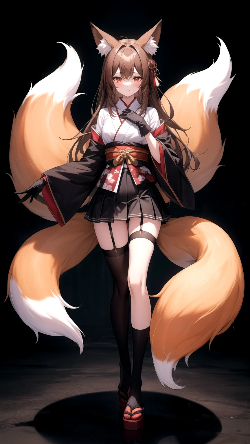(masterpiece, Highest quality:1.2),figure,8K,High resolution,1girl,alone,animal_ears,Fox_ears,length_hair,red_eye,brown_hair,big_chest,Fox_tail,multiple_tails,前hair,chestの谷間,Fox_girl,animal_ear_Fluff,black_hair,Japanese_Clothes,narrow,red_skirt,skirt,wide_sleeve,black_gloves,Nine-Tailed Fox,brown_tail,Pleats_skirt,Knee-high socks、garter belt、長いgloves、Long gloves