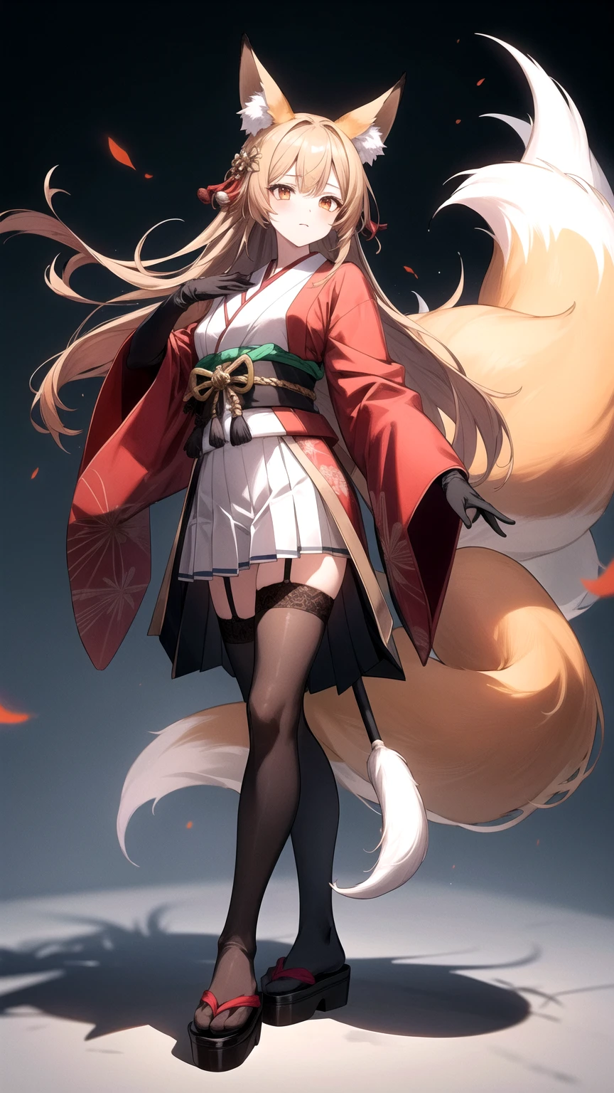 (masterpiece, Highest quality:1.2),figure,8K,High resolution,1girl,alone,animal_ears,Fox_ears,length_hair,red_eye,brown_hair,big_chest,Fox_tail,multiple_tails,前hair,chestの谷間,Fox_girl,animal_ear_Fluff,black_hair,Japanese_Clothes,narrow,red_skirt,skirt,wide_sleeve,black_gloves,Nine-Tailed Fox,brown_tail,Pleats_skirt,Knee-high socks、garter belt、長いgloves、Long gloves