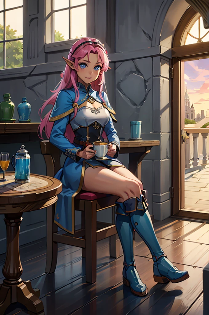 Drinking Tea,sitting down on chair,tabletop,ssmile,Pink long hair, cloused mouth,medieval gown, female elf, jewerly, knee boots,Inside the house,castle,(work of art, best qualityer, ultra detali, best shade)