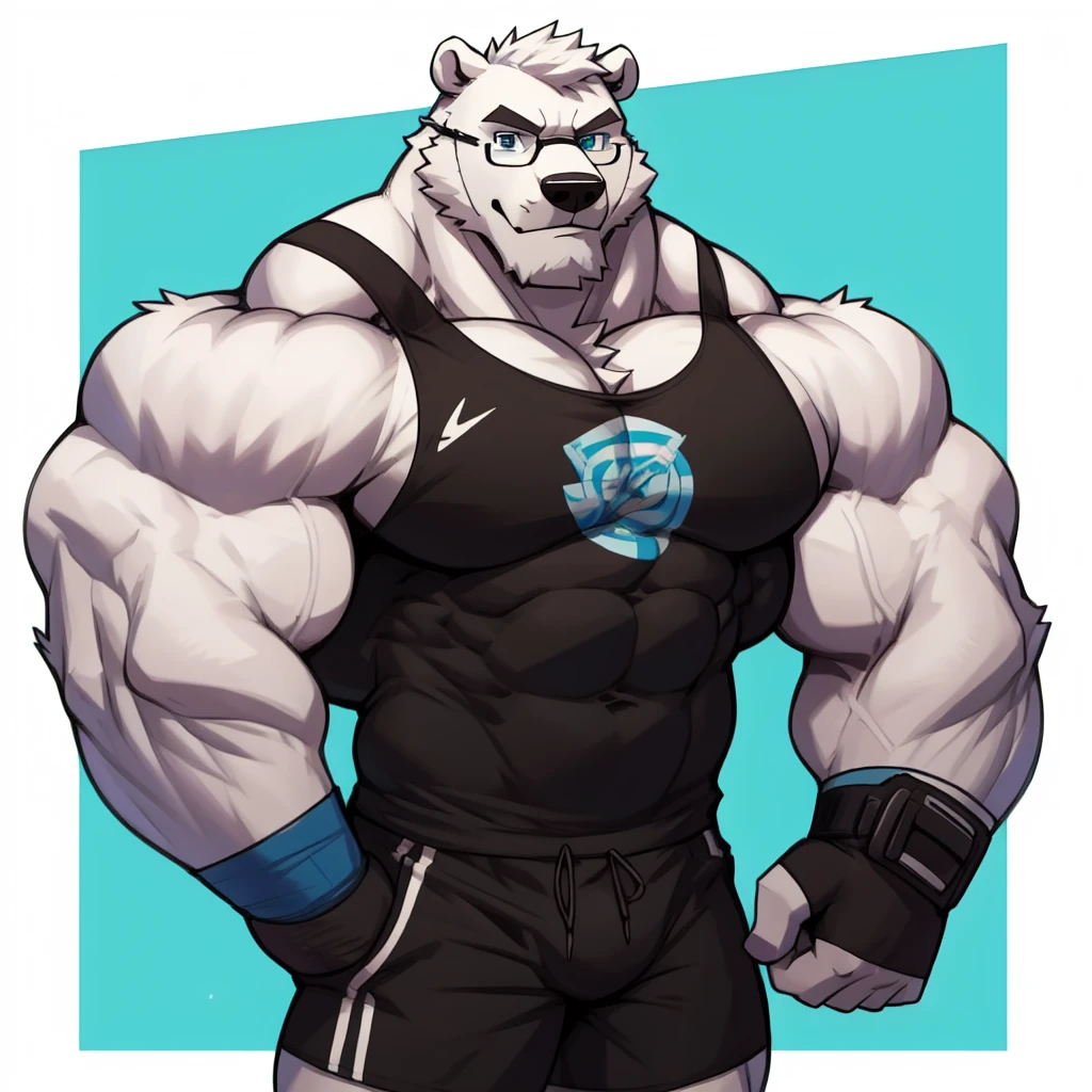 solo, 1boy, Huge Muscular Antarctic Polar Bear wearing glasses, huge white fur, pectoral, huge pectoral, wide pectoral, short white hair, blue colored short pants, blue colored wristbands and blue colored tank top, white bearded, white Mustache, white fur, simple background, masterpiece, high detailed, 8k, high resolution, at the gym, flexes huge muscles
